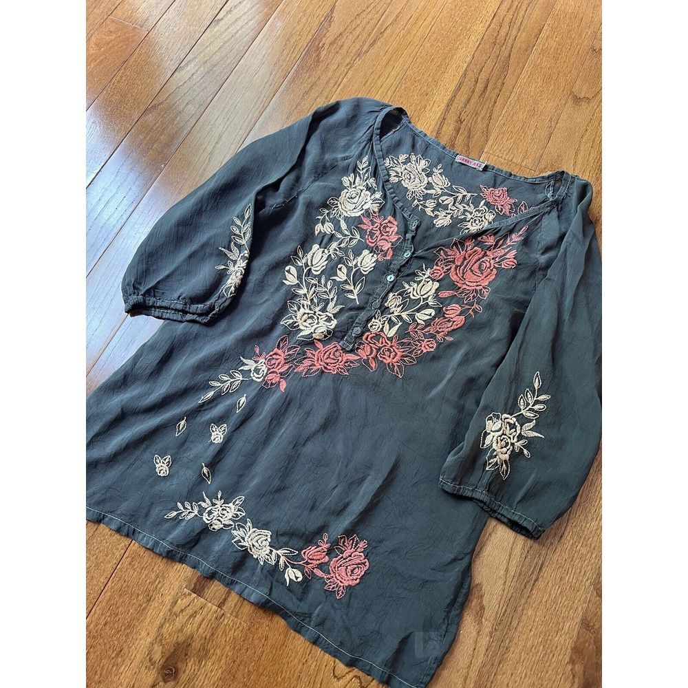Johnny Was‎ Womens S Embroidered Flutter Sleeve Boho Tunic Green Floral Hippie